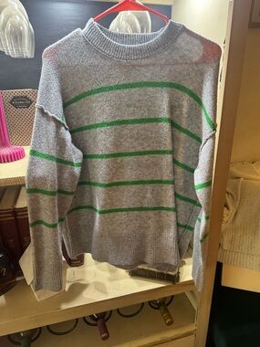 aerie Gray Crewneck Sweater with Green Stripes